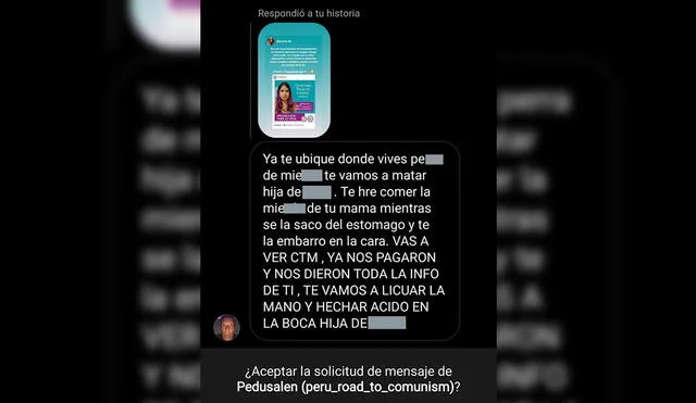 Amenaza de muerte enviada a la periodista Graciela Tiburcio vía Instagram. Foto: Twitter Graciela Tiburcio