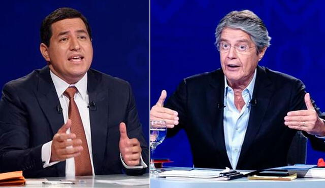 El candidato izquierdista Andrés Arauz y el aspirante de derecha Guillermo Lasso participaron este domingo de un debate presidencial. Foto: EFE