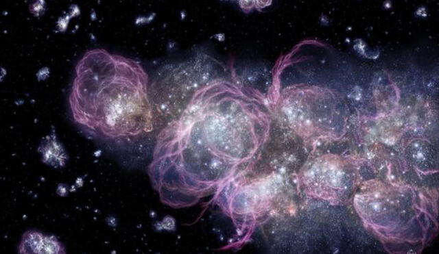 Arte del universo primitivo, en los primeros 300.000 años después del Big Bang, y la formación de galaxias. Foto:  A. Schaller (STScI)