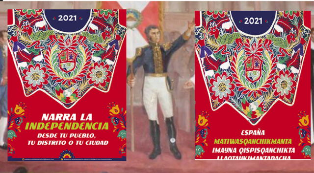Afiches en castellano y en quechua de la convocatoria del proyecto "Narra la Independencia desde tu pueblo".