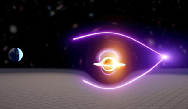 El nuevo agujero negro se detectó en la Tierra a través de un estallido gamma con lentes gravitacionales, las curvas formadas alrededor de un objeto masivo. Foto: Carl Knox, OzGrav