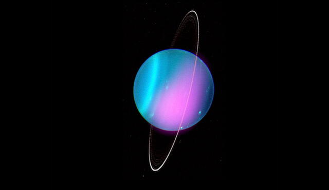 Imagen de Urano combinada con los datos de rayos X captados por Chandra (rosa). Foto: NASA