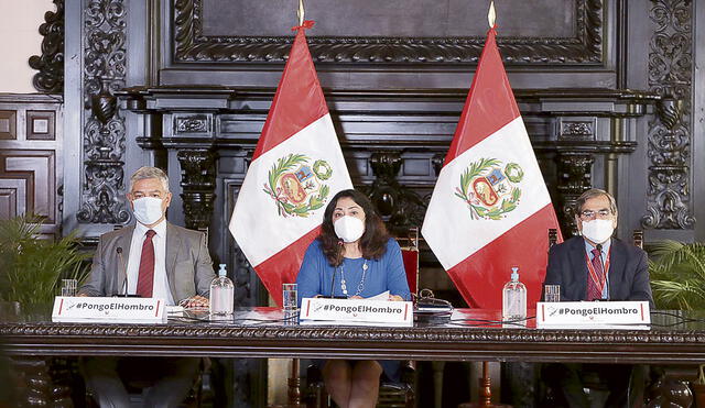 PCM. Premier Violeta Bermúdez en conferencia de prensa junto a titulares del Interior y Minsa. Foto: difusión