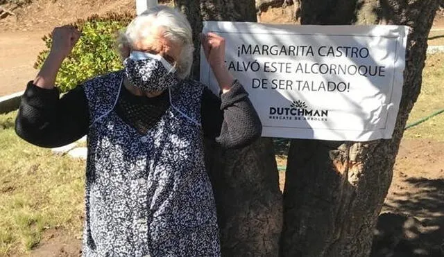 Margarita Castro fue recibida con un cartel en el que se reconoce su logro. Foto: T13