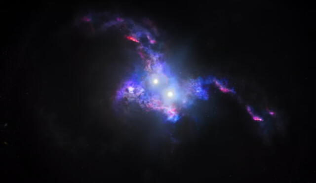 Los cuásares detectados aparentemente están muy juntos, sin embargo, los separa 10.000 años luz. Foto: NASA, ESA y J. Olmsted (STScI)