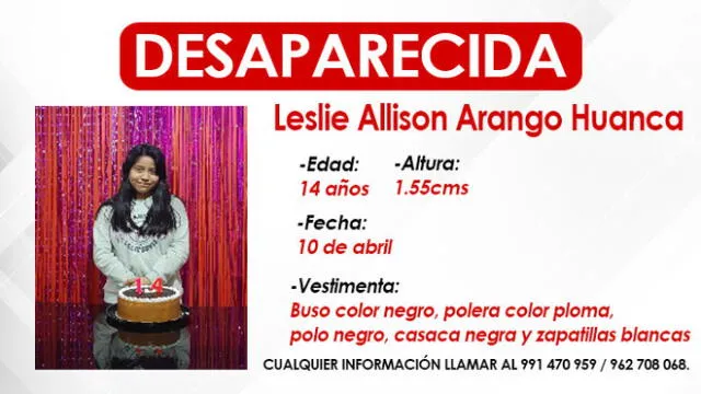 Leslie Allison Arango Huanca desapareció desde el 10 de abril. Crédito: Karla Cruz/URPI-GLR