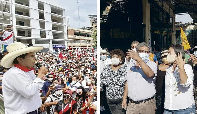 Castillo continúa con su campaña en Cajamarca, mientras que Fujimori brindó entrevistas y visitó mercados en San Luis. Foto: composición