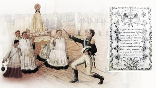 Manuel Belgrano ofrendando
a la Virgen de las Mercedes el bastón de mando del ejército del Norte, que él comandaba, antes de la victoria en la batalla de Tucumán, en 1812. Arriba, portada del Compendio de Joaquín de la Pezuela.