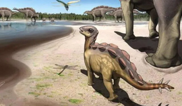 Esta es la recreación artística del estegosaurio del tamaño de un gato en su hábitat natural. Foto: Universidad de Queensland