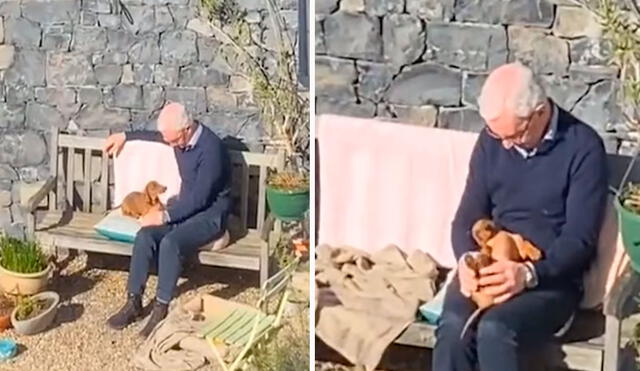 Una joven encontró a su padre junto a su perrito en su patio; sin embargo, se sorprendió al verlos en un emotivo momento. Foto: captura de Facebook