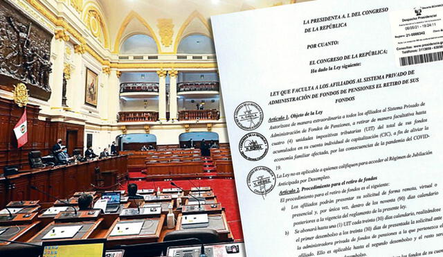 Con 109 votos a favor, 0 en contra y 3 abstenciones, el Pleno del Congreso de la República aprobó por insistencia la ley de retiro de las AFP. Foto: difusión