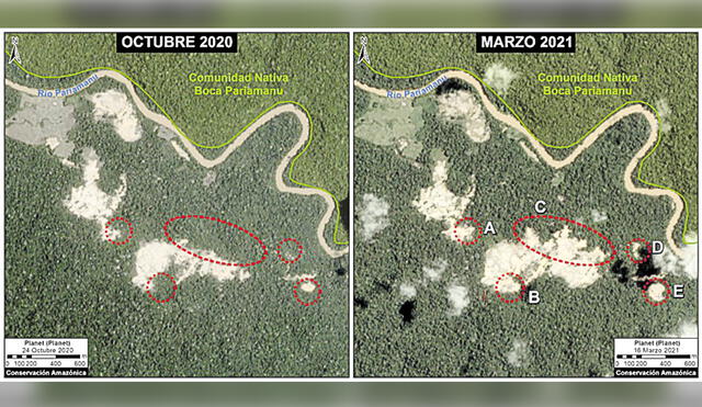 Revelador. Las fotografías del MAAP confirman que la deforestación en la zona del Pariamanu se ha extendido con celeridad y en forma alarmante. Foto: difusión