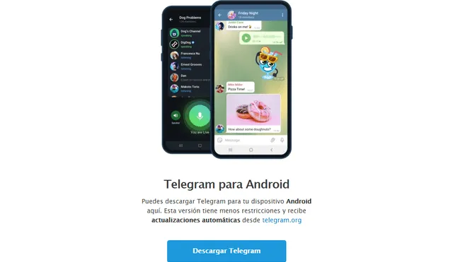 Telegram ya, a través de su página web, comenzó a fomentar la instalación de su aplicación de manera directa. Foto Telegram.org