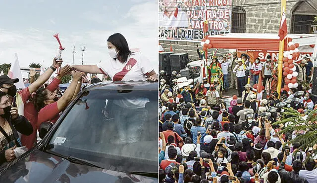 Keiko Fujimori estuvo en el distrito de Belén, en Iquitos. Insistió en duplicar la Pensión 65 y defender a su equipo técnico. Pedro Castillo, dos días después de firmar la Proclama Ciudadana, arremetió contra la prensa que lo cuestiona en esta segunda vuelta. Foto: composición LR / Frank Zegarra