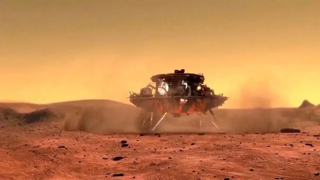 Arte conceptual del módulo de aterrizaje que llevó a Marte al rover chino