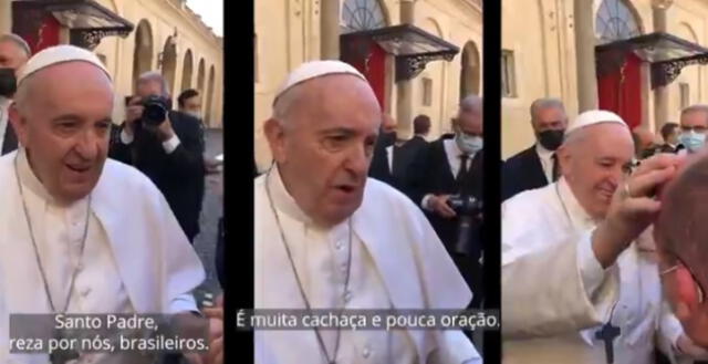 El papa Francisco lucía estaba sin mascarilla y estrechaba la mano de los fieles que acudían en masa a verlo. Foto: captura de G1