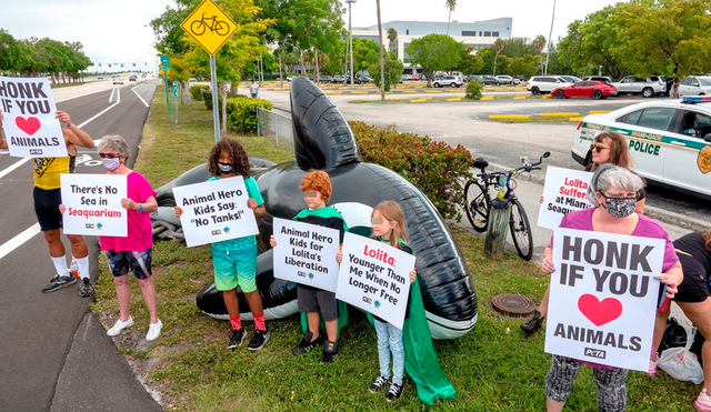 Con letreros que decían “Cincuenta años atrapada en el estanque más pequeño para orcas” y “Animal Hero Kids por la liberación de Lolita”, los niños pidieron la libertad de Lolita. Foto: EFE