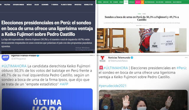 Información del resultado boca de urna en Perú difundida por medios de comunicación internacionales. Foto: composición LR