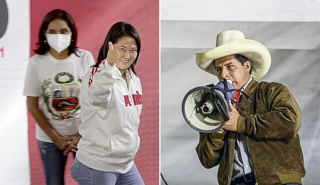 Fujimori emitió un pronunciamiento antes de los resultados del conteo rápido. Castillo se llamó a la calma a sus simpatizantes en Tacabamba. Foto: composición