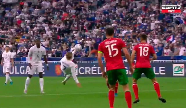 Golazo de Griezmann para el 1-0 de Francia ante Bulgaria en amistoso internacional fecha FIFA desde el Stade de France. Foto: captura ESPN