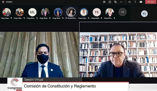 Sesión. Luis Valdez, presidente de la comisión de Constitución, en pleno debate. Foto: captura sesión virtual del Congreso