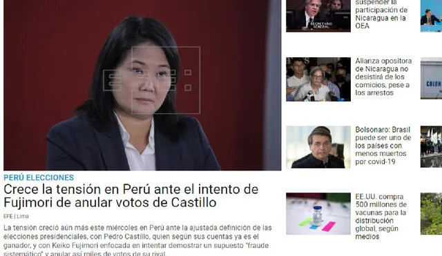 Publicación de EFE sobre situación actual en Perú. Foto: captura web