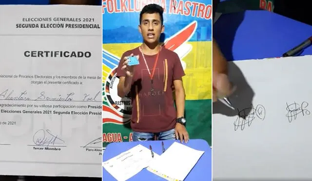 Alcántara Sarmiento mostró el certificado que le fue entregado por la ONPE, en el cual acreditan su participación. Foto: composición LR / captura de video Facebook