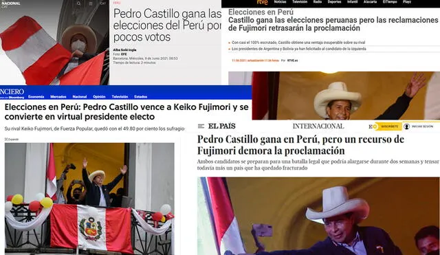 Varios medios internacionales dieron por ganador a Pedro Castillo luego de que la ONPE anunciara el 100% de actas procesadas. Foto: composición El Financiero / El País / RTVE / El Nacional