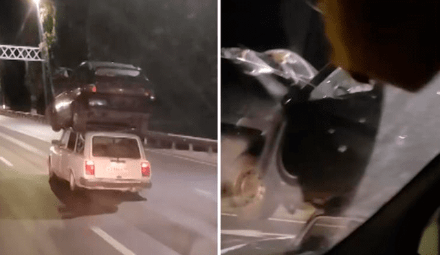 Un automóvil circulaba por una autopista con otro vehículo chocado encima. Foto: captura de YouTube