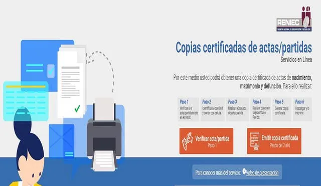 El Reniec presentó un nuevo servicio en línea: https://apps.reniec.gob.pe/actascertificadas para la solicitud de copias certificadas de actas de nacimiento, matrimonio y defunción. Foto: captura de pantalla Reniec