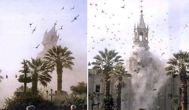 Terremoto hizo caer una de las torres de la Catedral de Arequipa en el 2001. Foto: Fernando Choquecota