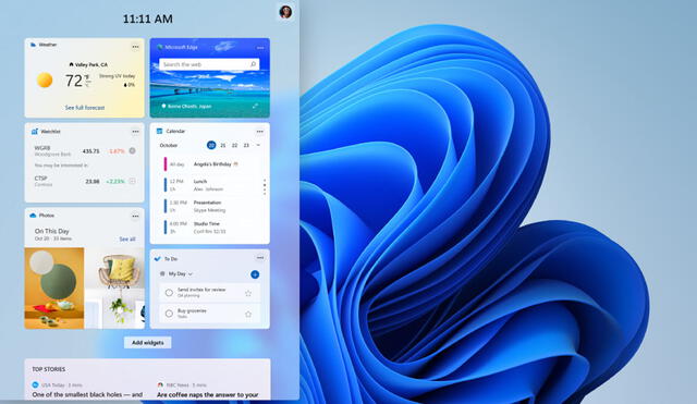 El nuevo panel de widgets aparece en el lado izquierdo de la pantalla. Foto: Microsoft