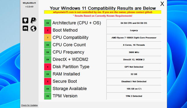 Gracias a WhyNotWin11 podrás saber si un componente es o no es compatible con Windows 11. Foto: GitHub