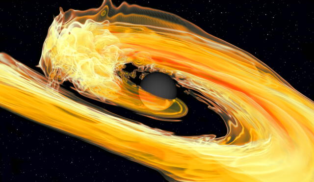 Representación artística de la fusión de un agujero negro y una estrella de neutrones que muestra la interrupción de las mareas. Foto: T.Dietrich, N.Fischer, S.Ossokine, H.Pfeiffer, T.Vu, V.Chaurasia y T. Dietrich