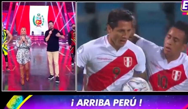 Johanna San Miguel y Gian Piero Díaz aprovecharon el inicio de Esto es guerra para comentar las mejores jugadas del partido entre Perú y Paraguay. Foto: captura de América TV