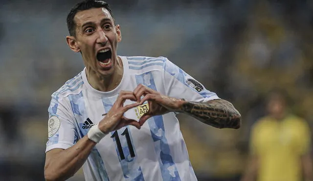 Ángel Di María celebra luego de marcar el gol del triunfo tras pase de De Paul. Foto: Twitter Selección Argentina