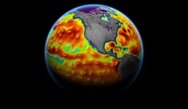 Un mapa que muestra anomalías en la altura de la superficie del mar en junio de 2021, con áreas en rojo y naranja que representan los niveles del mar entre 10 y 15 cm más altos de lo normal. Foto: Observatorio de la Tierra de la NASA/Joshua Stevens