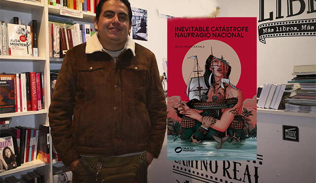 Julio César Zavala en la librería Escena Libre. Al lado, portada de su primer poemario.