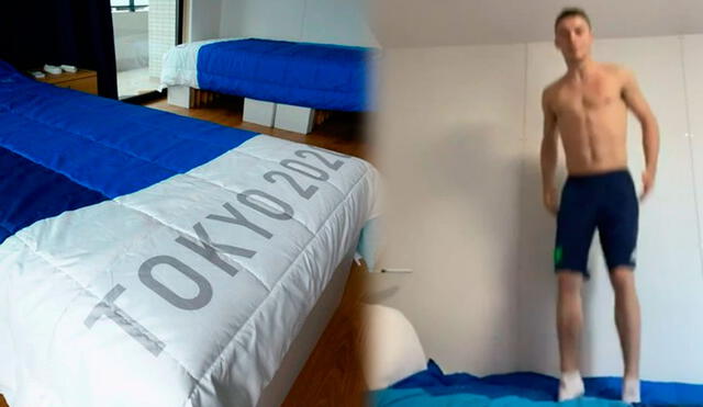 Atleta norirlandés se puso a brincar en las camas 'antisexo'. Foto: AFP/composición