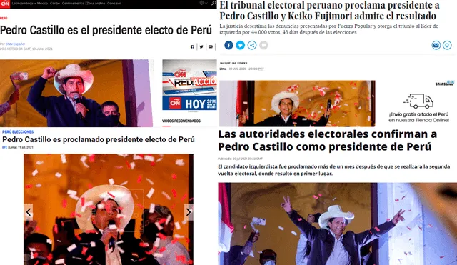 Los medios internacionales informaron sobre la proclamación de Pedro Castillo. Foto: composición LR