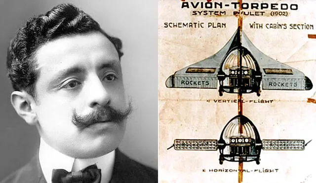 Pedro Paulet y el diseño de su avión torpedo o "autobólido". Foto: composición/difusión
