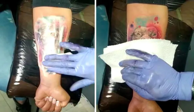 Una joven acudió a un estadio profesional para hacerse un tatuaje en todo su brazo para demostrar cuánto quiere a su perro y gato. Foto: captura de Facebook