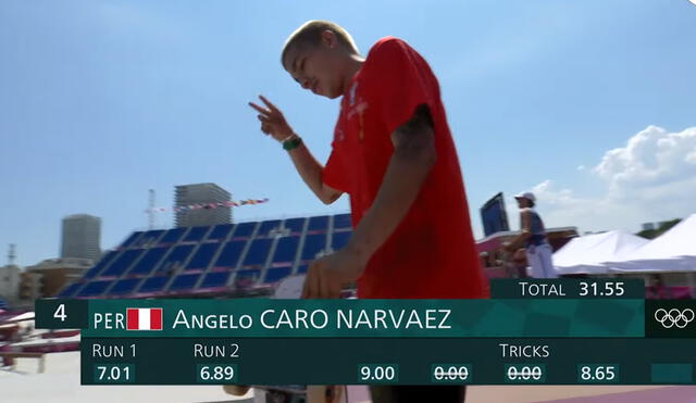 Angelo Caro segundos antes de ejecutar el truco que lo posicionaría, brevemente en el tercer lugar de la competencia. Foto: captura YouTube Marca Claro