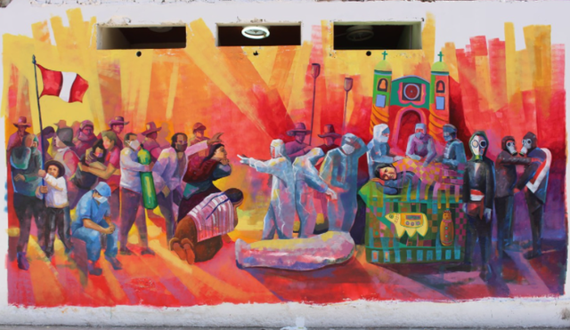 Uno de los lienzos de pintura que están en el Hospital Simon Bolívar rinde tributo a los héroes de la pandemia. Foto: Gobierno Regional de Cajamarca