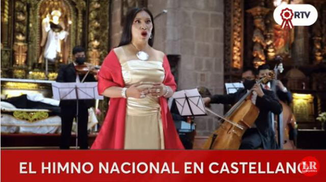 Este 28 de julio, Gladis Huamán y músicos de la Orquesta Sinfónica del Cusco presentarán el himno nacional en quechua, aimara, ashaninka, shipibo-konibo y castellano. Foto: captura/RTV