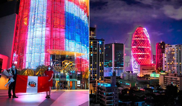 "Se ilumina con los colores del Perú la Torre Pearl de Bangkok, Tailandia, con motivo de nuestro Bicentenario Perú”, escribió la Cancillería peruana en Twitter. Foto: captura de Twitter/@CancilleriaPeru