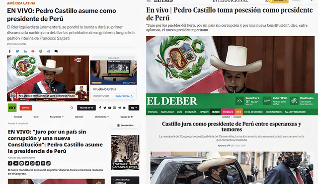 Pedro Castillo es portada en múltiples medios internacionales. Foto: composición/Infobae/El País/RT/El Deber