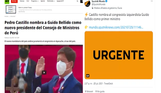 Medios internacionales informan sobre la designación de Guido Bellido como presidente del Consejo de Ministros de Perú. Foto: composición/RT/Twitter