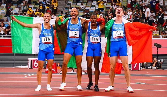 Italia venció a Gran Bretaña en la final de los relevos 4x100 metros masculino en Tokio 2020. Foto: AFP