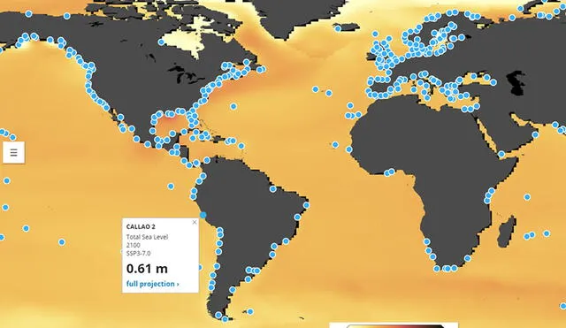 El mapa interactivo muestra las proyecciones de aumento del nivel del mar para cualquier parte del océano y costas de mundo. Imagen: NASA/IPCC